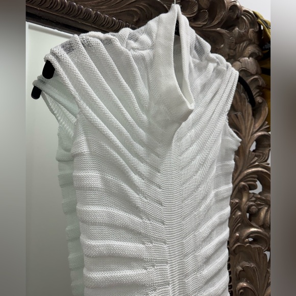 Atyfuniby Bodycon Crochet Knit Tube Sheer Stripe Mock Neck Midi Dress - Picture 3 of 6